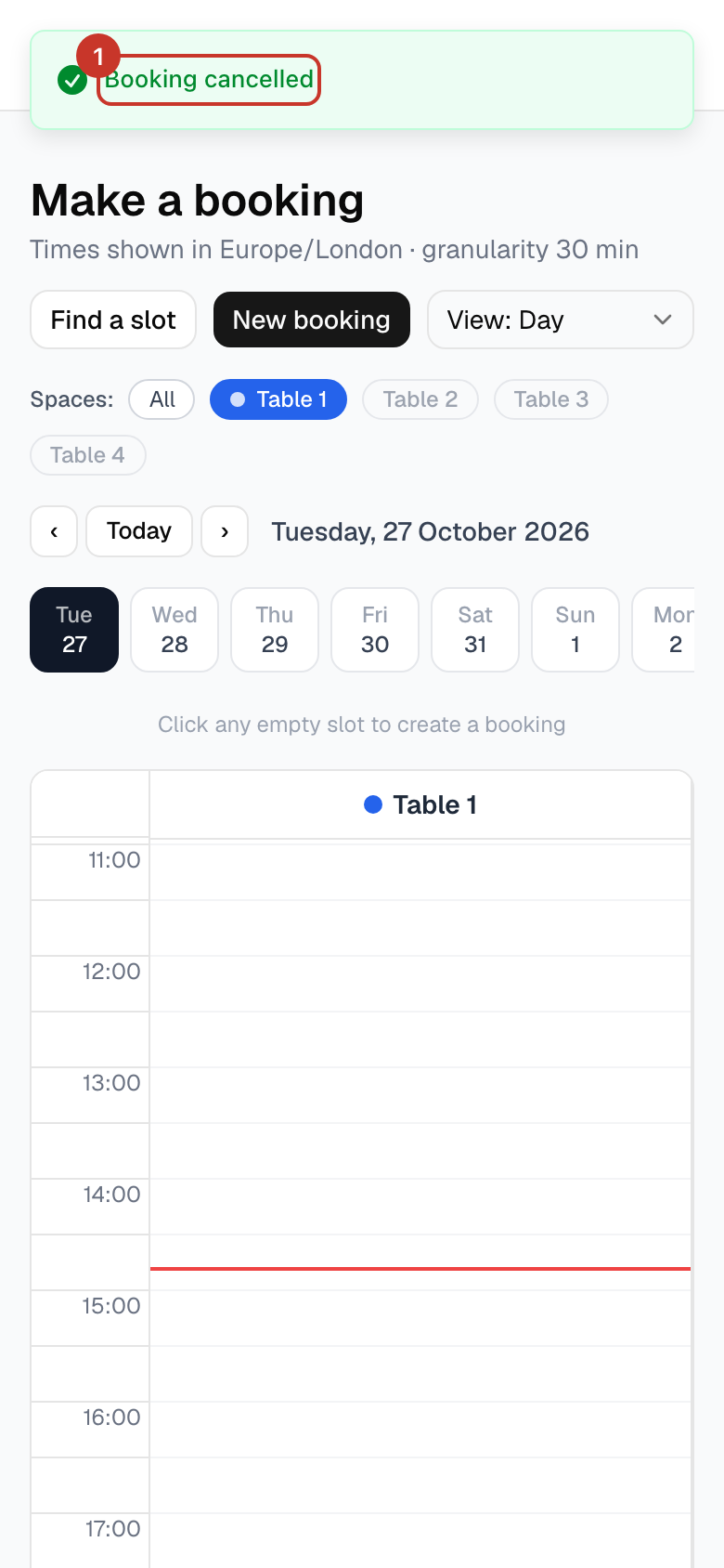 Your browser asks you to confirm: "Cancel this booking? Everyone on the booking will be emailed. This cannot be undone." Choose OK to cancel, or Cancel to keep the booking. You will see Booking cancelled.