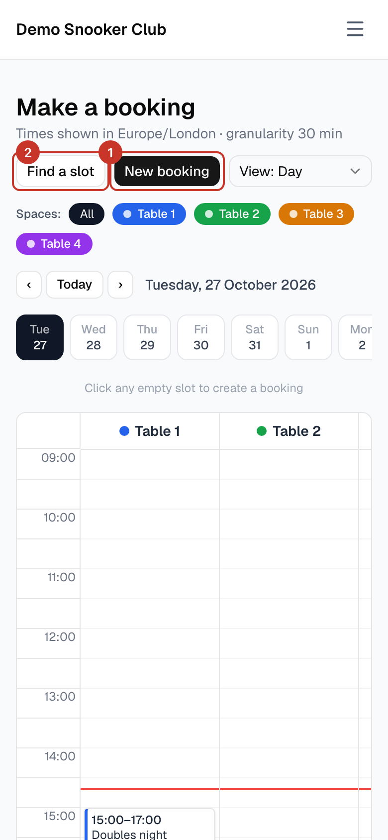 Open the menu (☰) and select Make a booking. Each column is a table; booked time is shaded.
