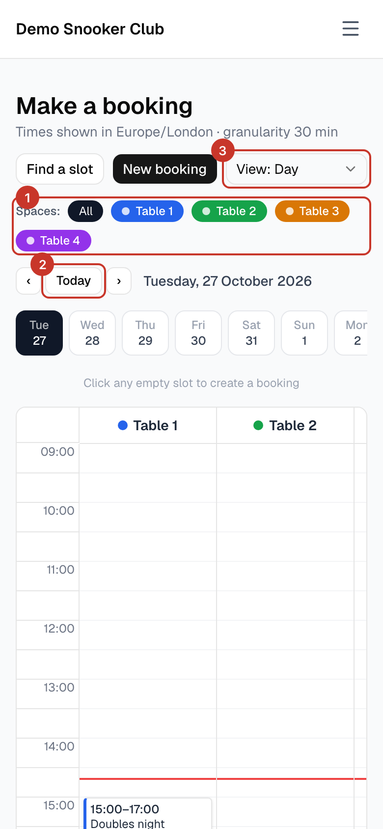 Pick the day with the date buttons, or the Today button and arrows. Click any empty slot to start a booking there, or select New booking.
