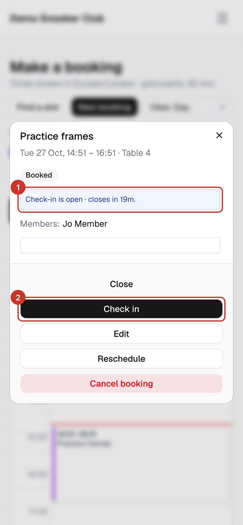 Once it is open, the booking says Check-in is open and shows how long is left. Select Check in.