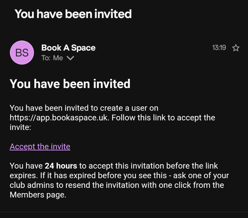 The invitation email, with its Accept the invite link