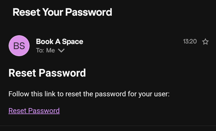 The password reset email, with its Reset Password link
