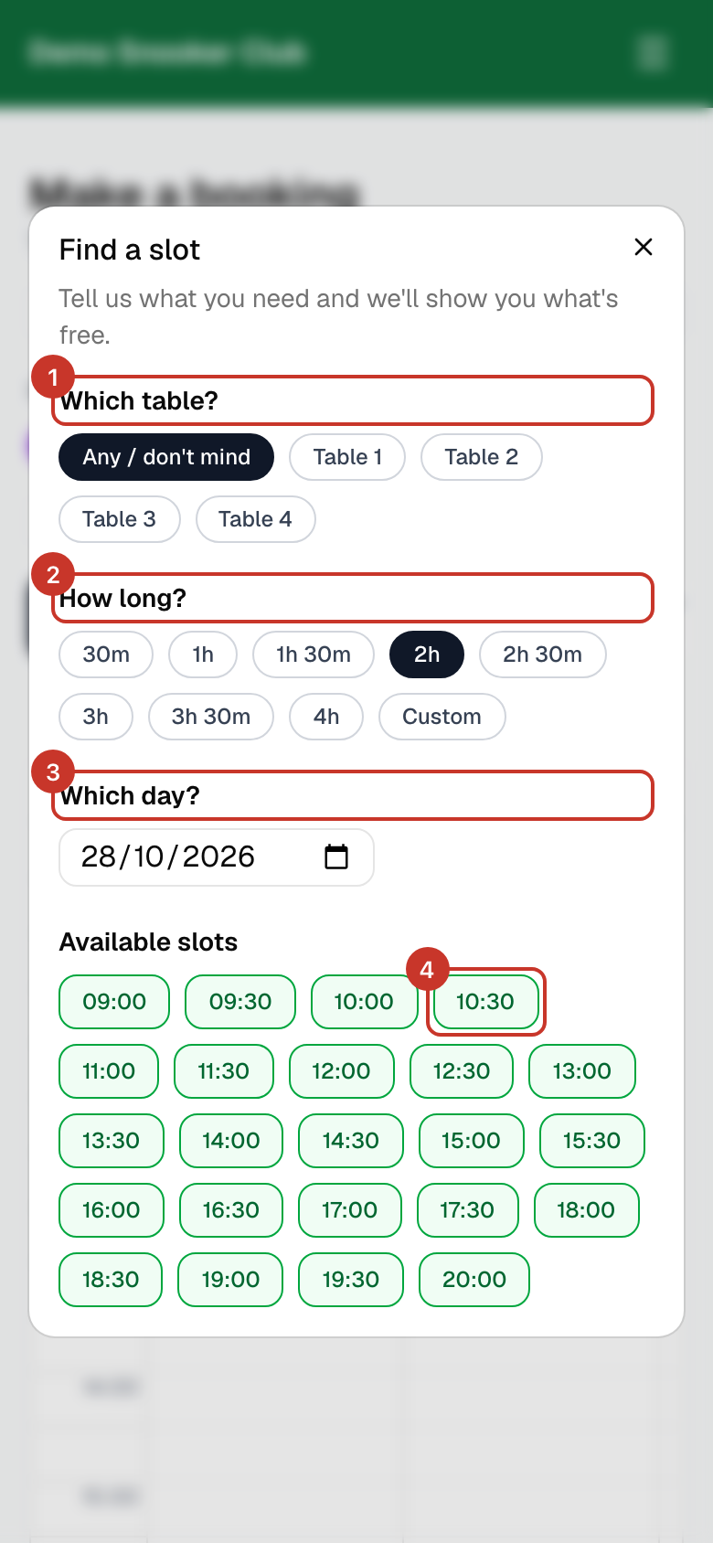 Choose Which table? (or Any / don’t mind), How long? and Which day?. Free start times appear under Available slots.
