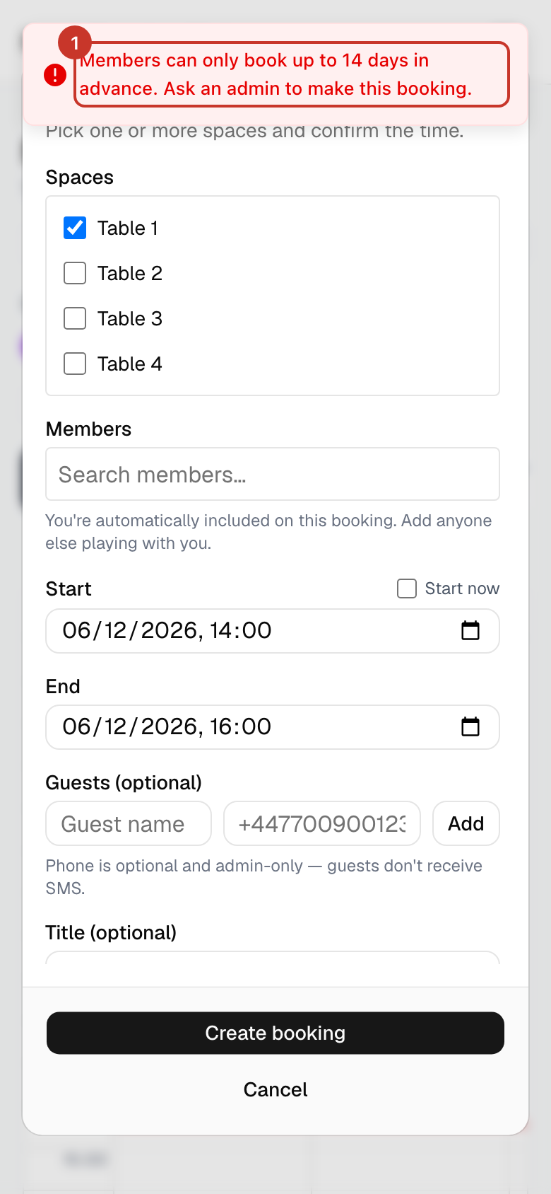 If you see Members can only book up to N days in advance, your club limits how far ahead members can book. Admins set this and are never limited.
