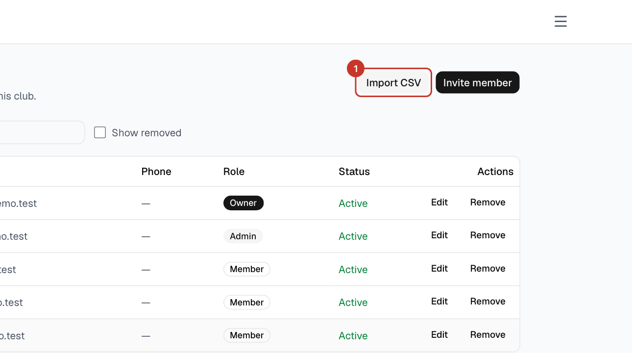 Open the menu (☰), select Members, then Import CSV.
