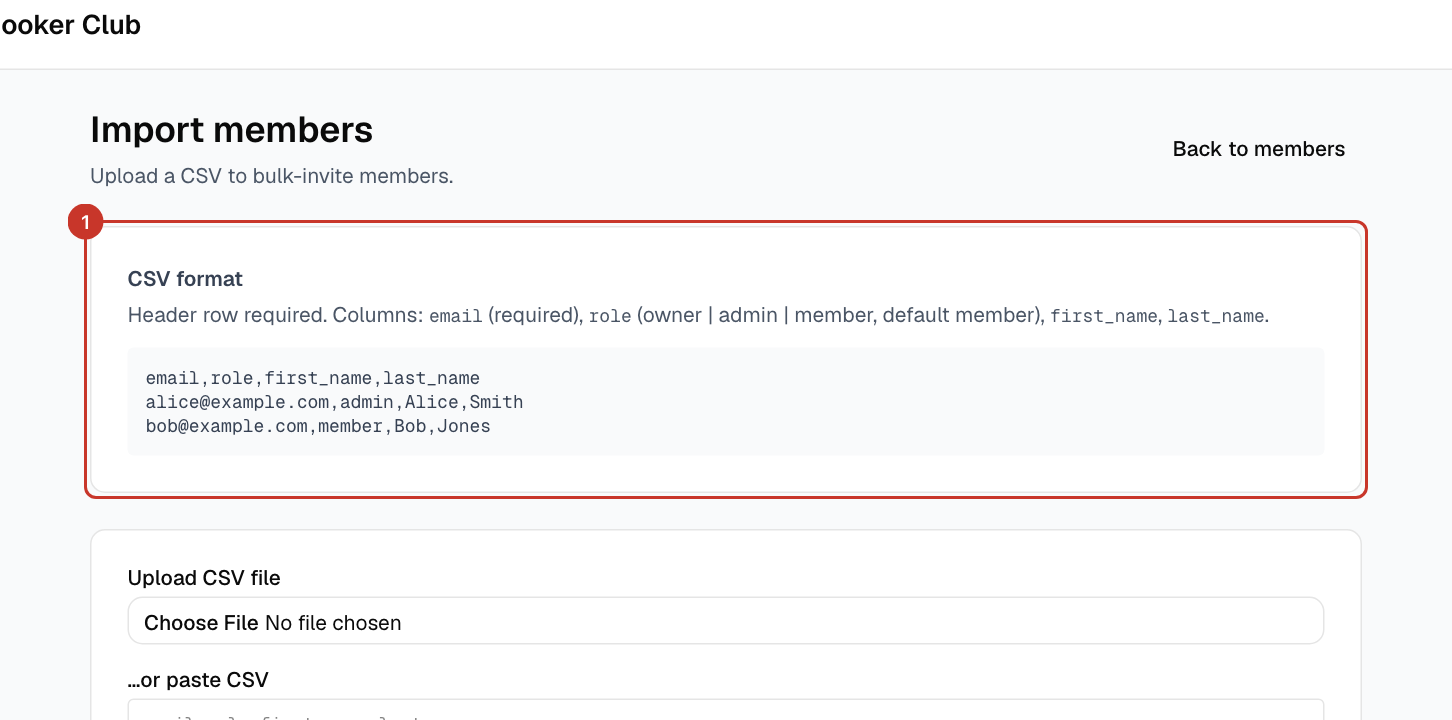 The CSV format box shows the columns and an example to copy.