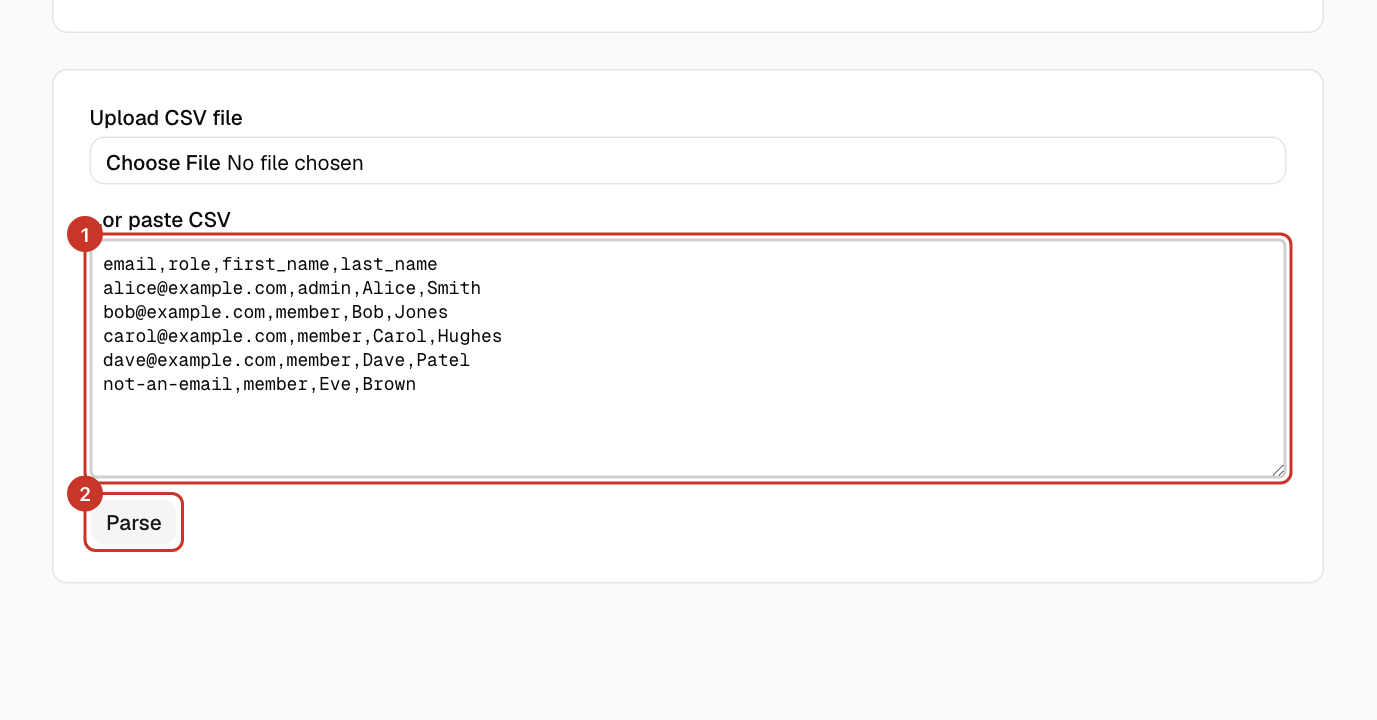 Choose your file under Upload CSV file, or paste the text under …or paste CSV, then select Parse.
