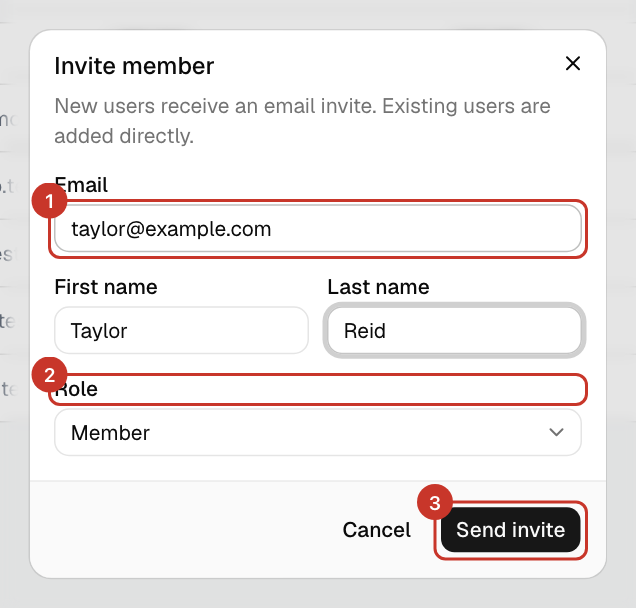 Enter their Email, their First name and Last name, and choose a Role: Member, Admin or Owner. Only owners can give the Owner role.