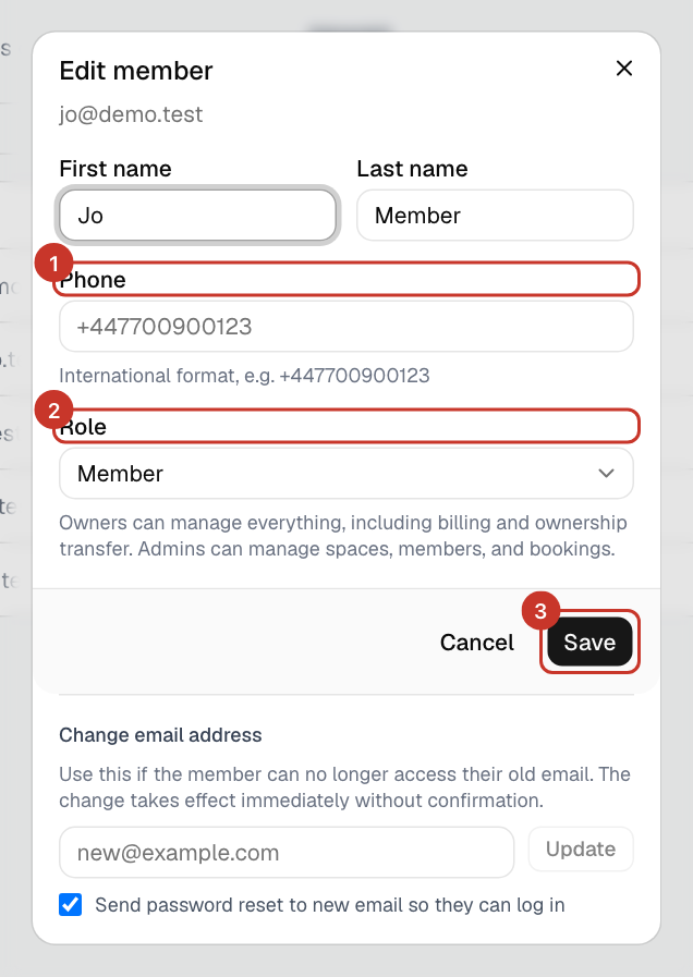 Select Edit on their row. Change their First name, Last name, Phone or Role, then select Save.