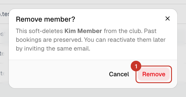 To remove someone, select Remove and confirm. They lose access, but their past bookings are kept.