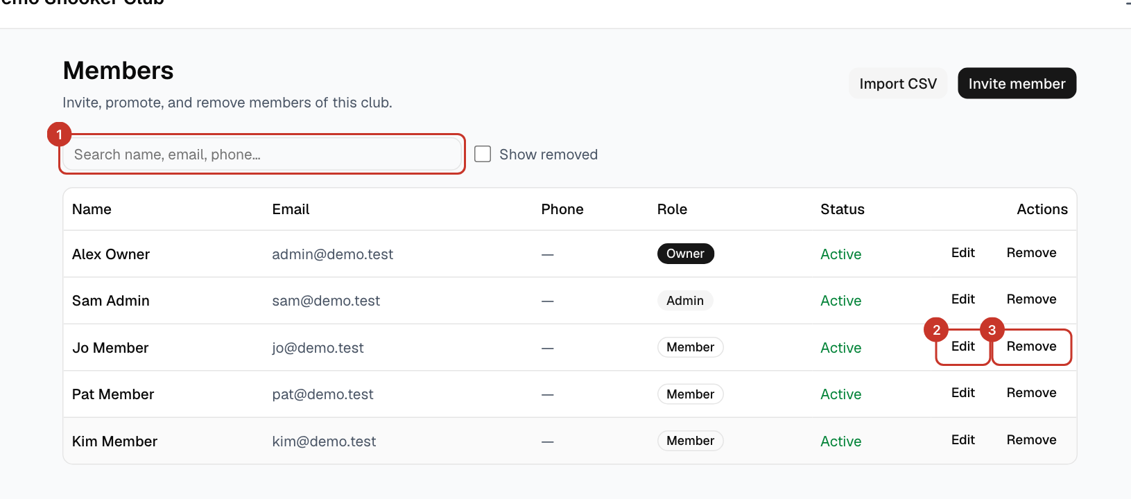 Open the menu (☰) and select Members. Use the search box to find someone by name, email or phone.
