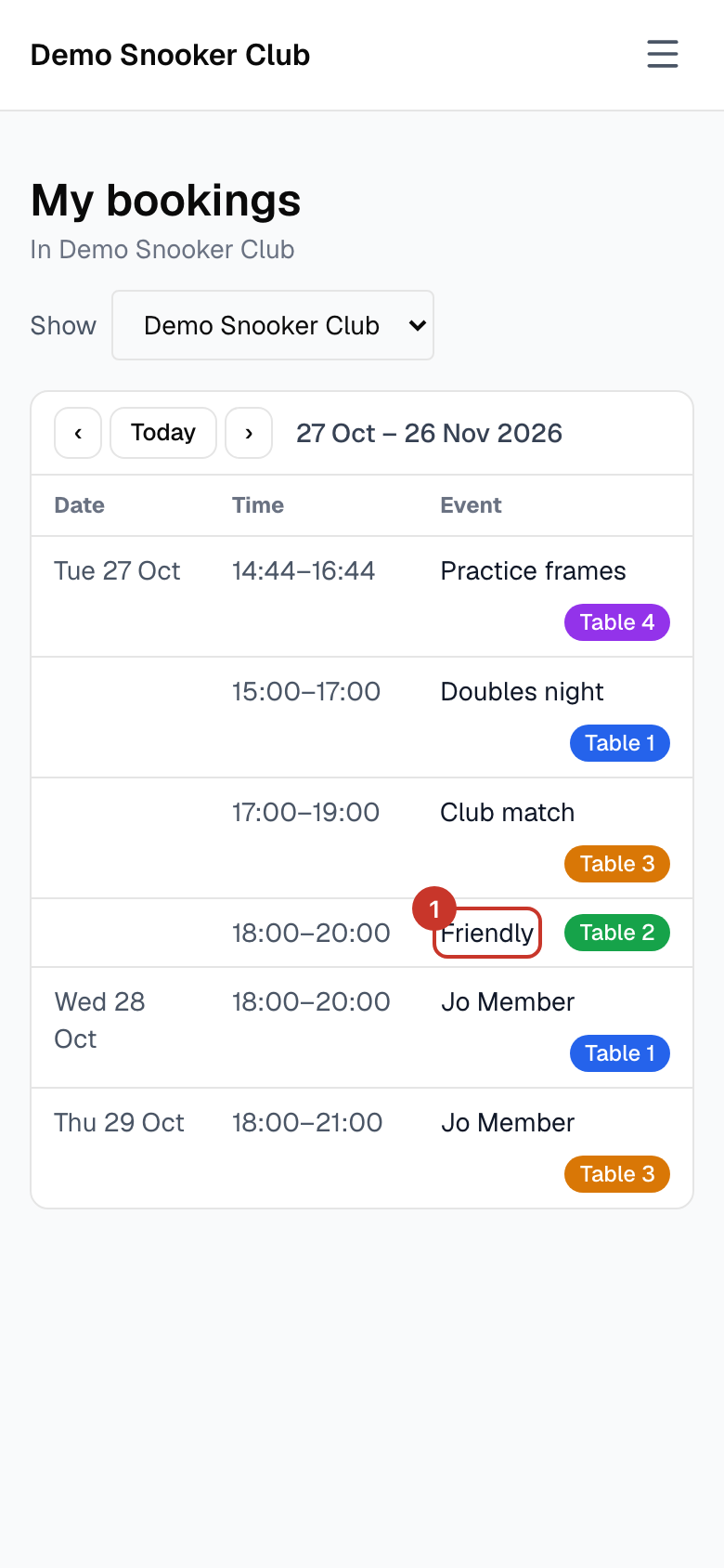 Each row shows the date, time, who is on it and the table. The window starts at today and covers 30 days; use the arrows or Today to move it.