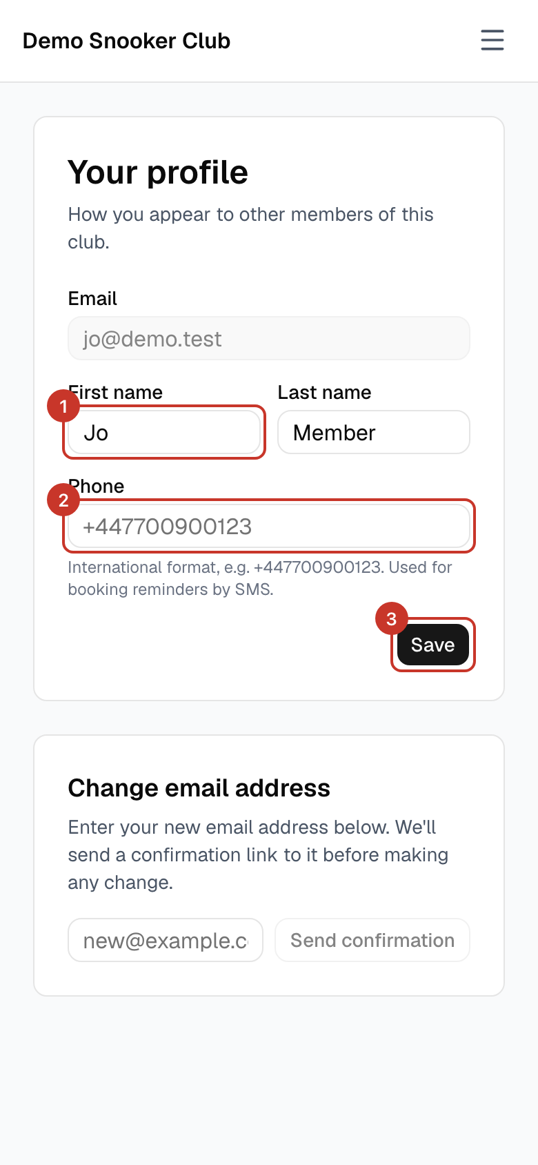 Edit your First name, Last name and Phone. Use international format, for example +447700900123.