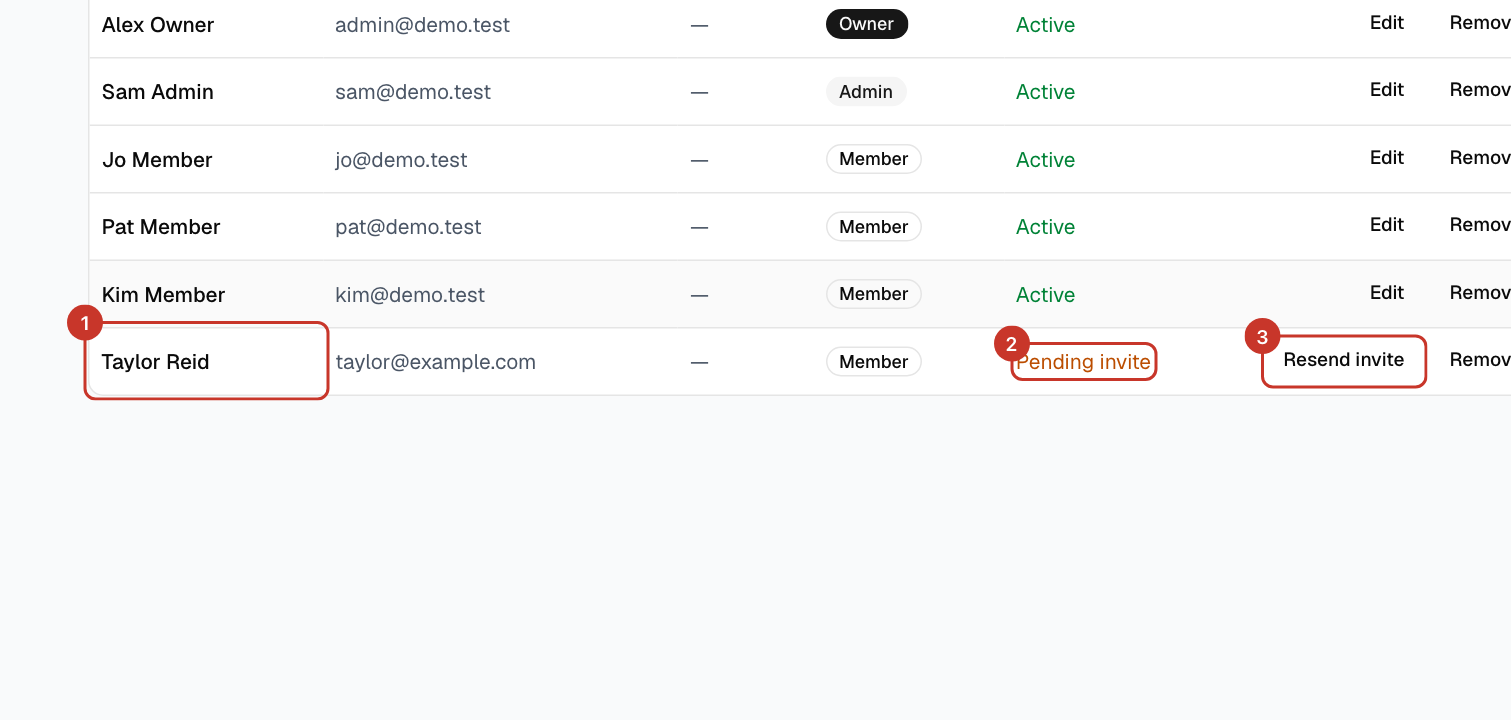 Select Send invite. The new person appears in the Members list straight away, marked Pending invite until they accept.