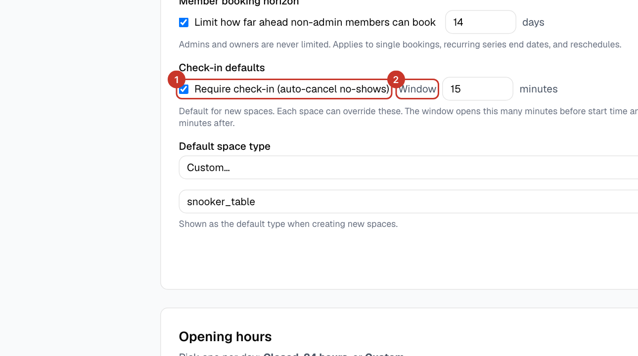 Open Club settings from the menu (☰). Scroll to Check-in defaults.