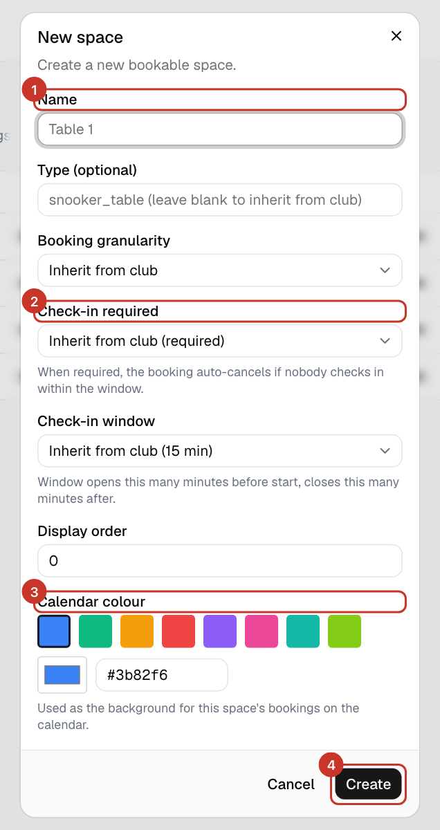 Select New space. Enter a Name, such as Table 5. Type (optional) defaults to your club’s default space type.