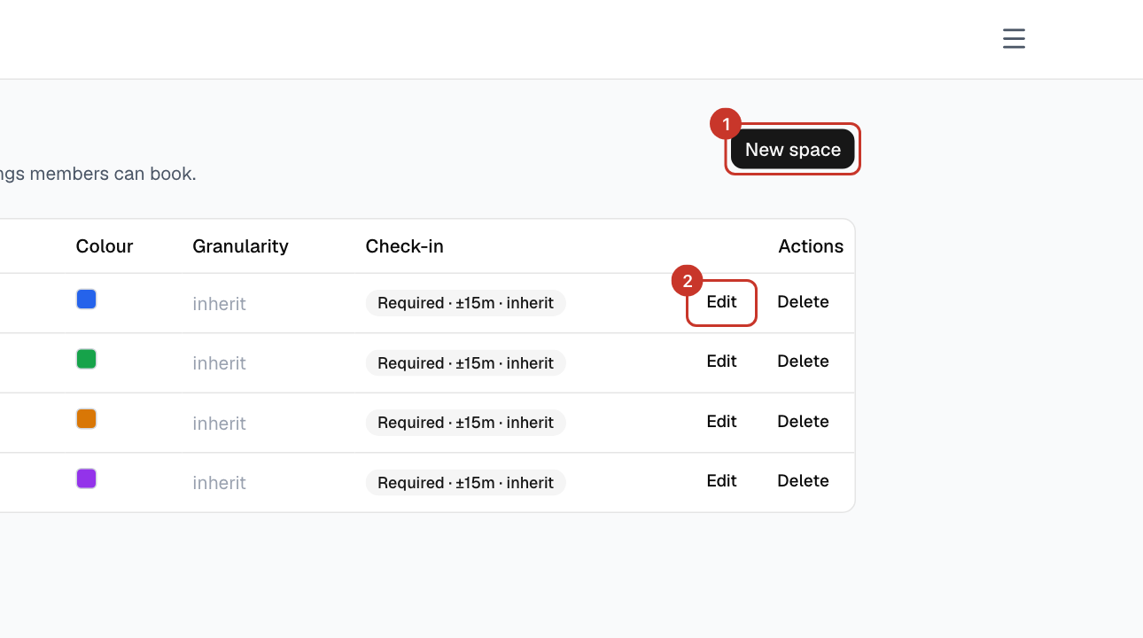 Open the menu (☰) and select Club spaces. Every bookable table is listed with its colour, slot length and check-in rule.