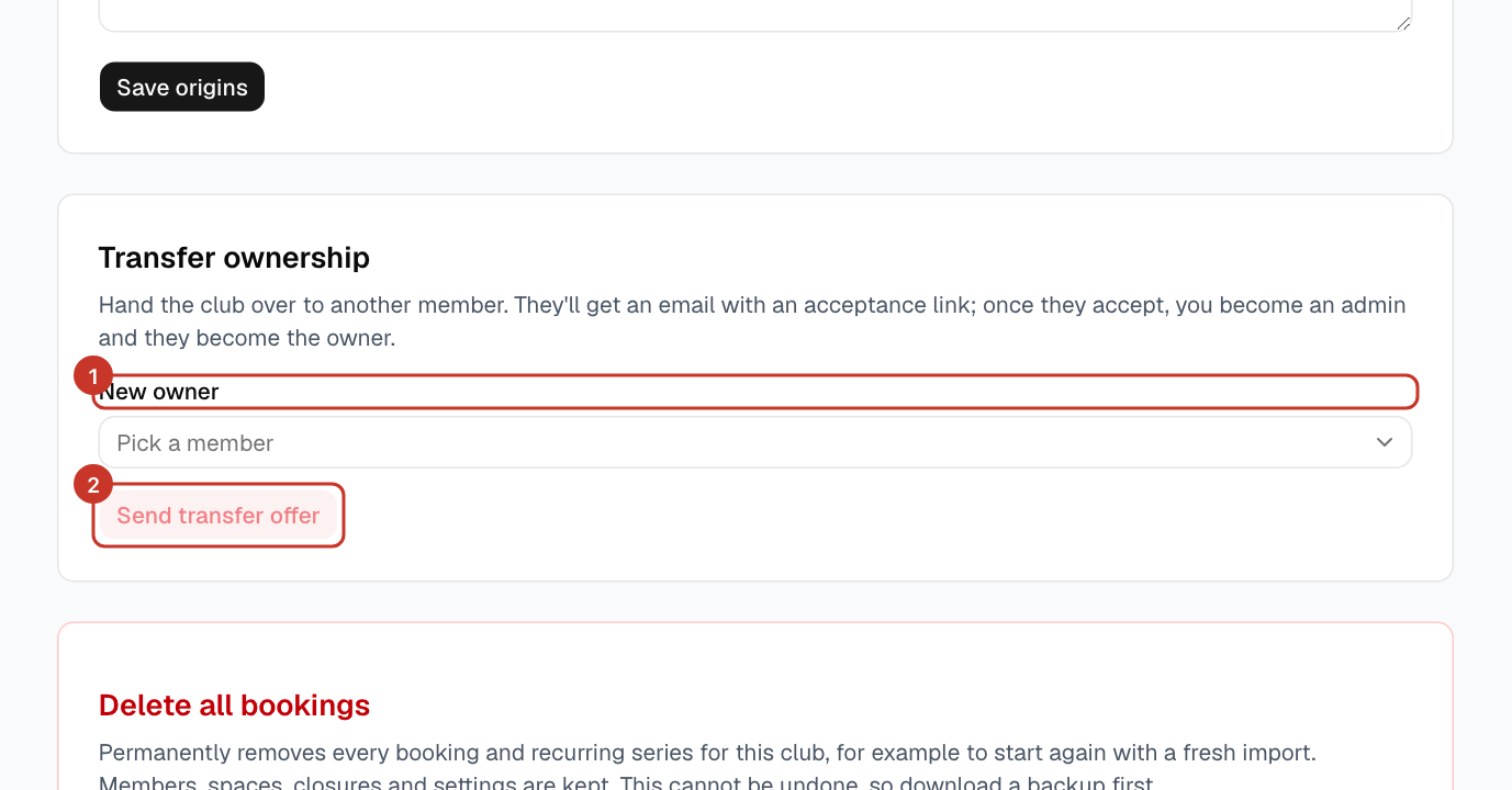 Open Club settings from the menu (☰) and select the Advanced tab. Scroll to Transfer ownership.