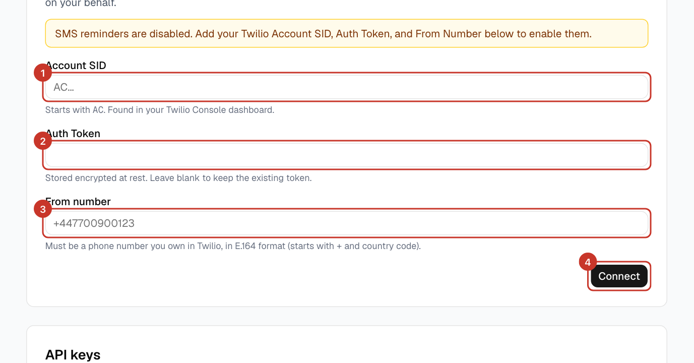 In BookASpace open Club settings from the menu (☰) and select the Advanced tab. Find SMS reminders (Twilio).