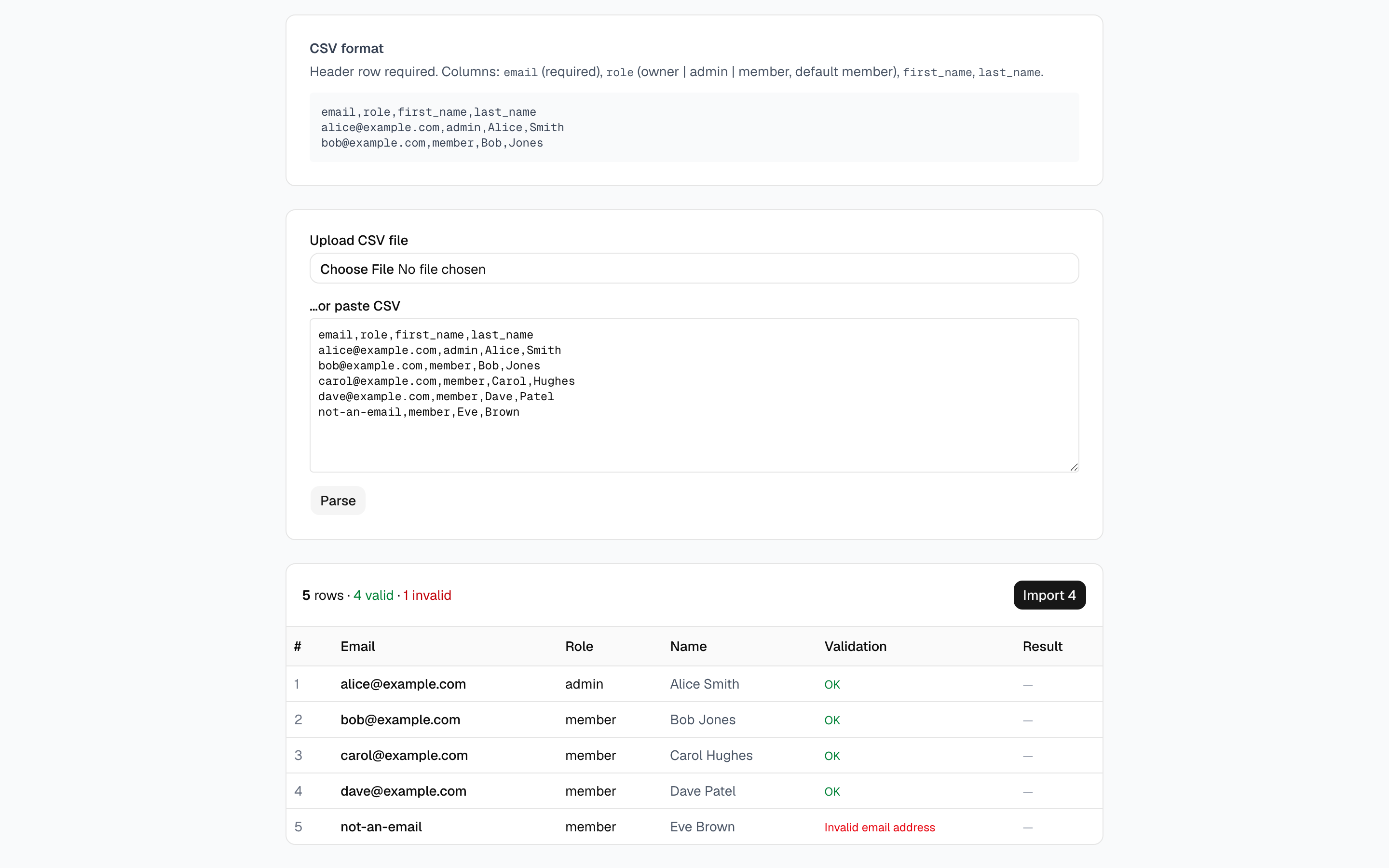 The CSV import page previewing four valid rows and one invalid row (desktop)