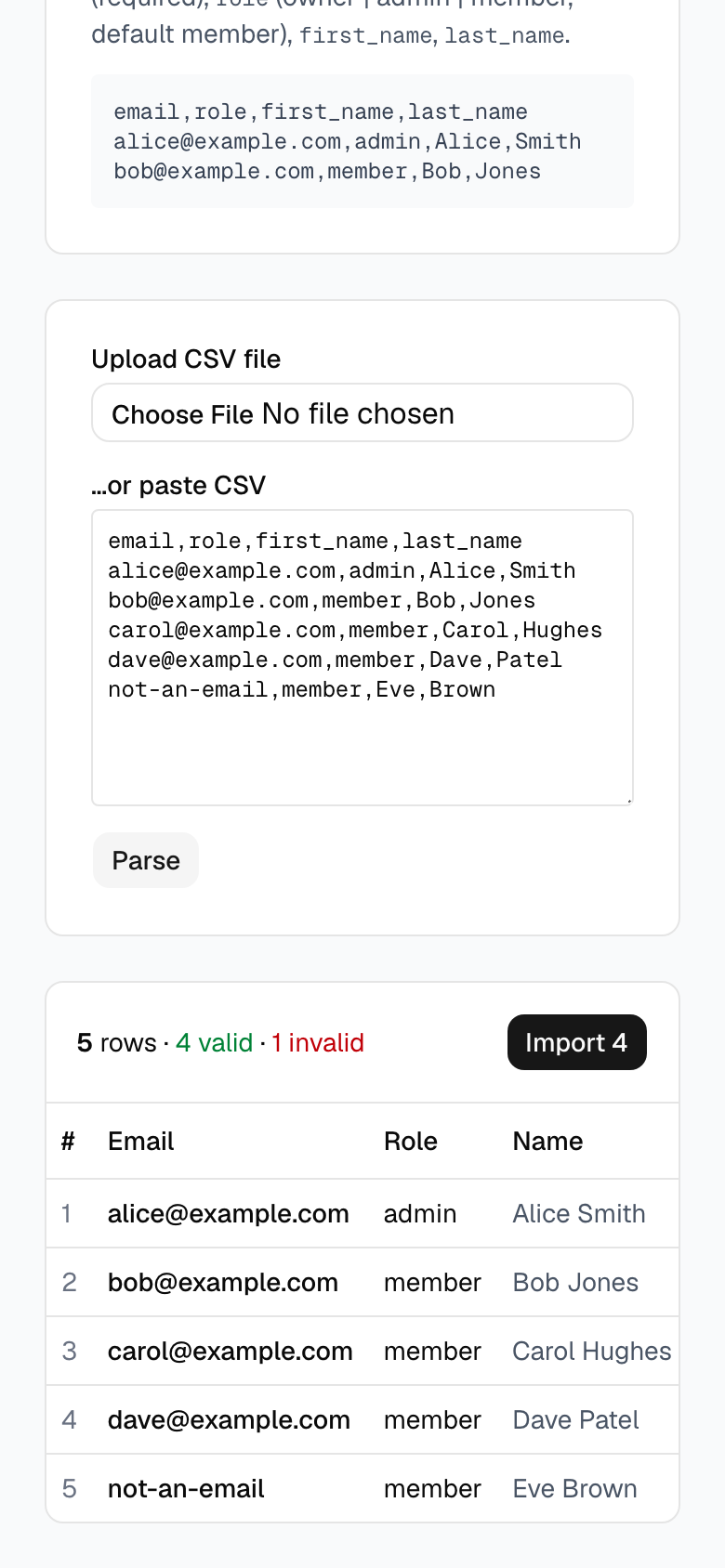 The CSV import page previewing four valid rows and one invalid row (mobile)