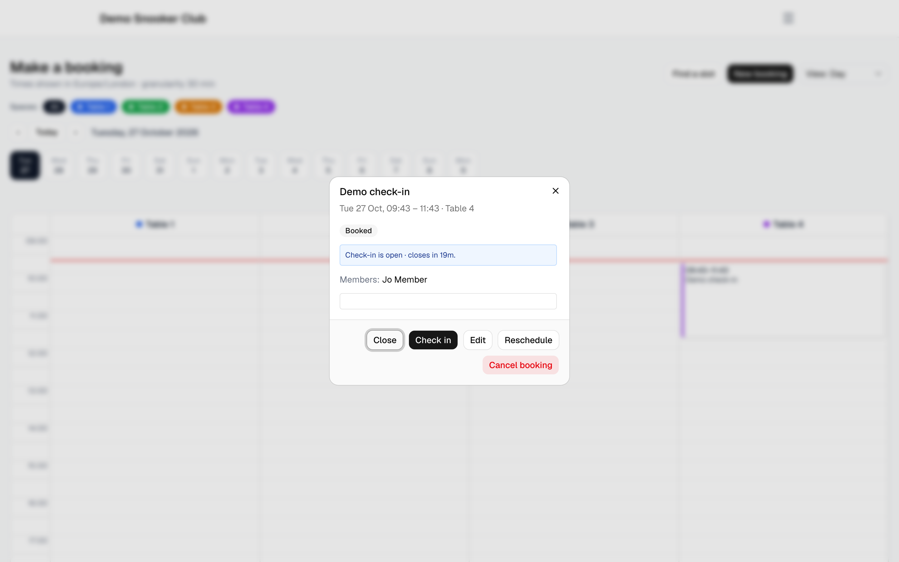 A booking with an open check-in window and a Check in button (desktop)