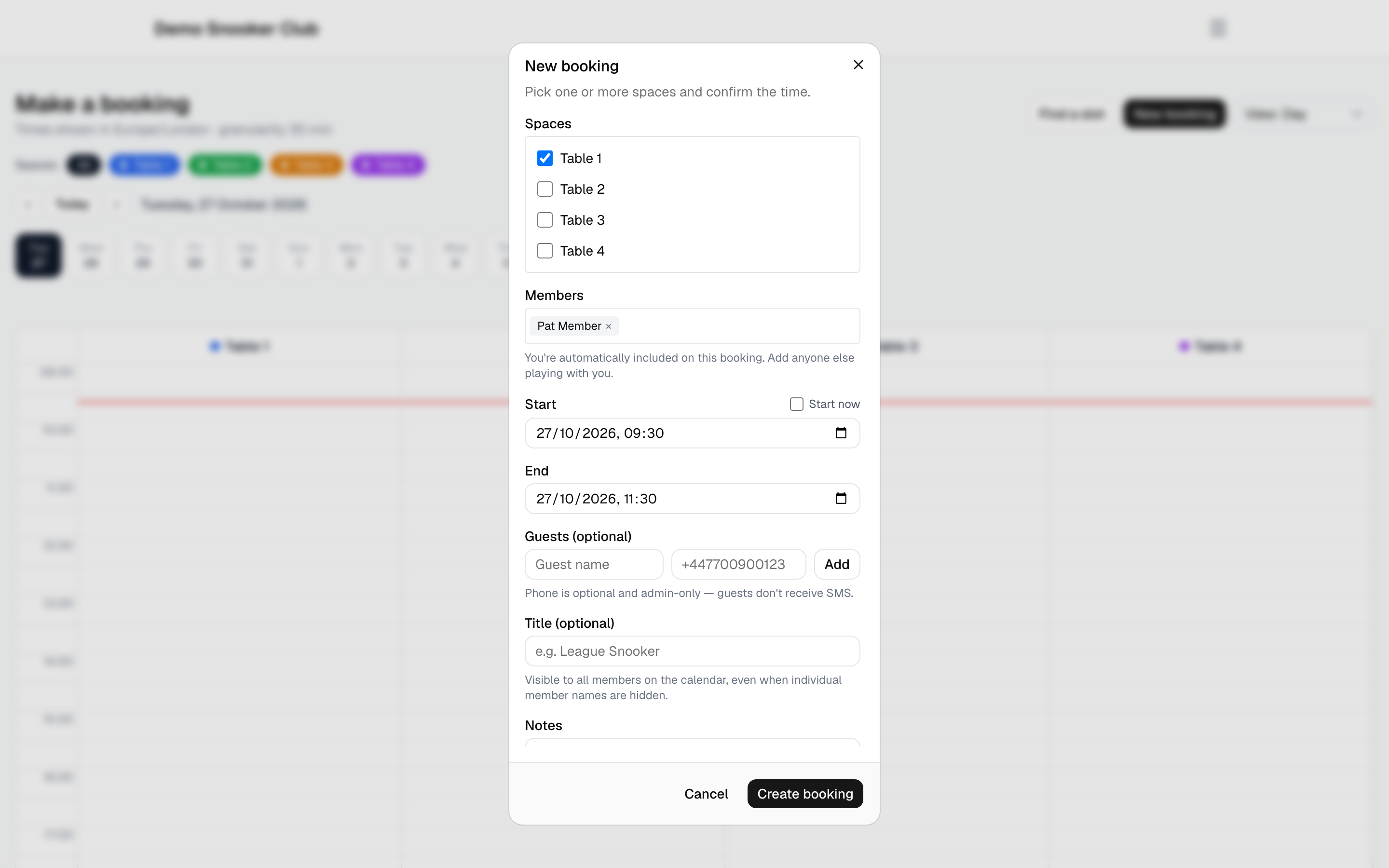 The new booking form with a second member selected to play (desktop)
